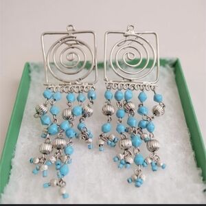 Silver Tone & Turquoise Beaded Boho Chandelier Earrings